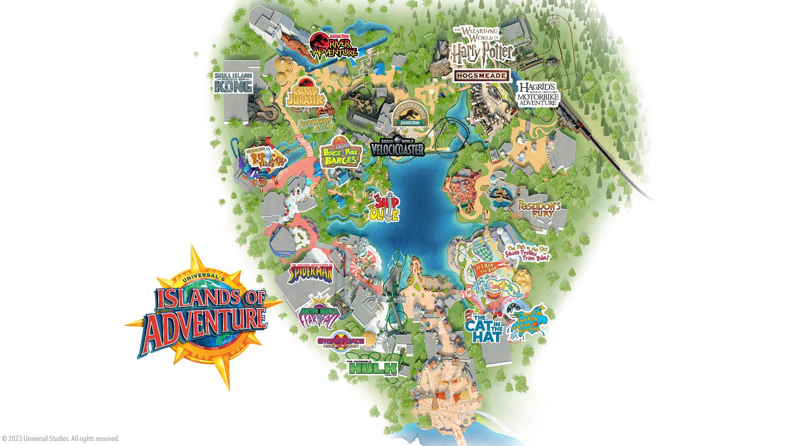 Universal Islands of Adventure park map 2026 — Wizarding World of Harry Potter Hogsmeade, VelociCoaster, Jurassic Park, Marvel Super Hero Island, and Seuss Landing