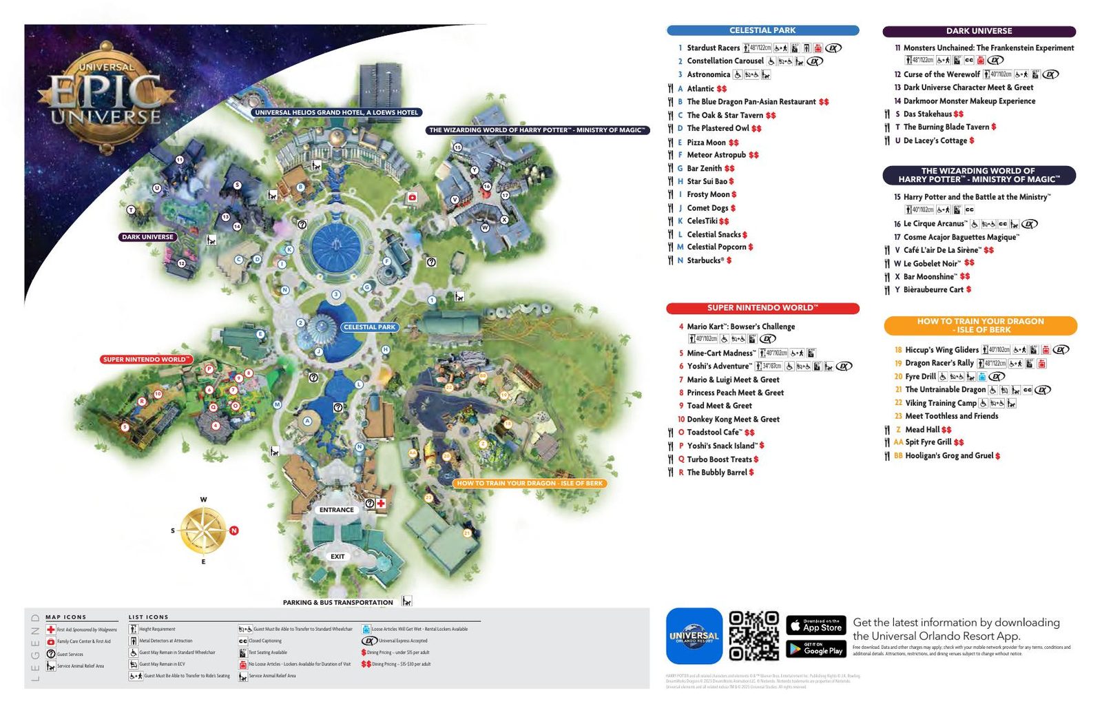Universal Epic Universe park map 2026 — Super Nintendo World, How to Train Your Dragon Isle of Berk, Dark Universe, Celestial Park, and The Wizarding World of Harry Potter Ministry of Magic