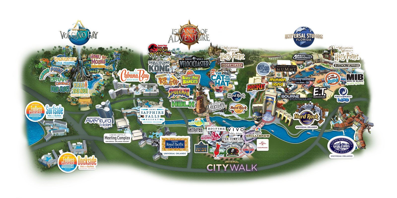 Universal Orlando Resort map 2026 — Epic Universe, Universal Studios Florida, Islands of Adventure, Volcano Bay, CityWalk, and on-site hotels