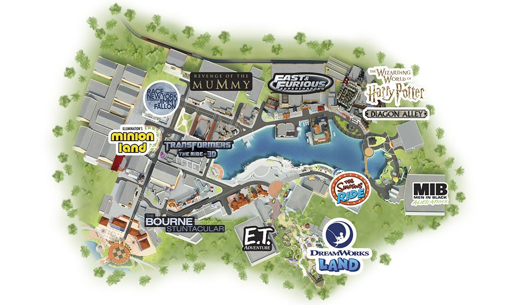 Universal Studios Florida park map 2026 — Diagon Alley, Minion Land, DreamWorks Land, The Simpsons Ride, and Men in Black Alien Attack