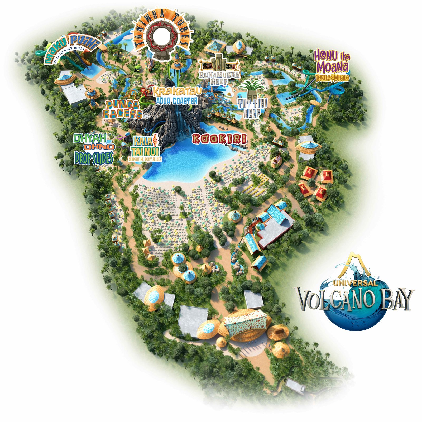 Universal Volcano Bay water park map 2026 — Krakatau volcano, Wave Village, Rainforest Village, and River Village